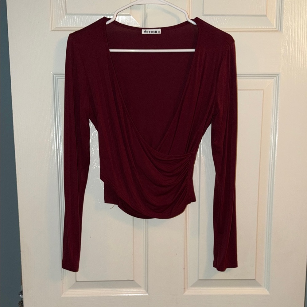 Burgundy Long Sleeve Wrap Top